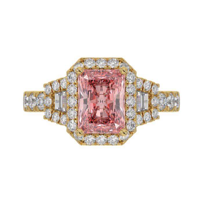 LADIES RING 2 3/4CT ROUND/BAGUETTE DIAMOND 14K YELLOW GOLD (CENTER STONE PINK RADIANT DIAMOND 2CT ) - Image 2