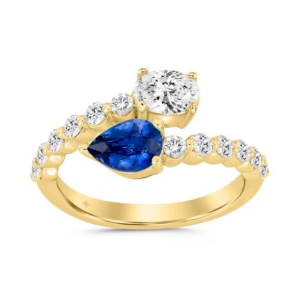 LADIES RING 1 1/2CT ROUND/PEAR BLUE/OVAL DIAMOND 14K YELLOW GOLD
