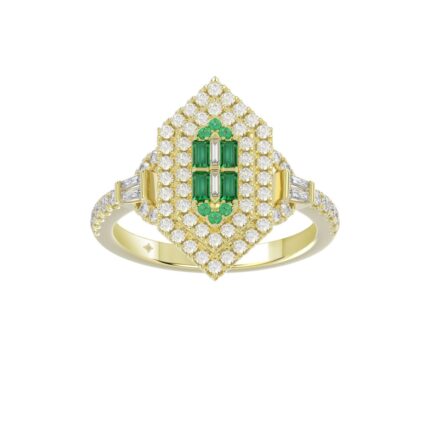 14K YELLOW GOLD 1 1/6CT ROUND/BAGUETTE/EMERALD DIAMOND LADIES RING (CENTER STONE EMERALD BAGUETTE DIAMOND 1/6CT/EMERALD ROUND DIAMOND 0.05CT)