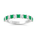 14K White Gold 1.00 CT Princess Green Emerald & White Diamond Alternating Band Ring