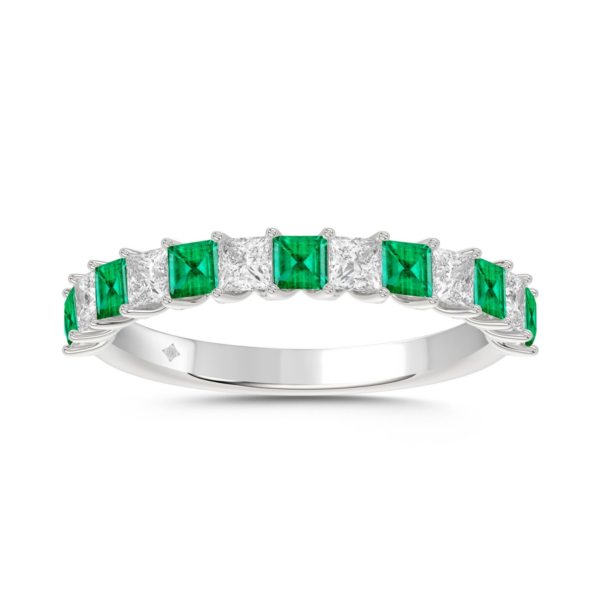14K White Gold 1.00 CT Princess Green Emerald & White Diamond Alternating Band Ring - Image 1