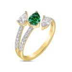 14K YELLOW GOLD 1 1/4CT ROUND/PEAR EMERALD GREEN DIAMOND LADIES RING (GREEN EMERALD PEAR 1/2CT) - Image 3