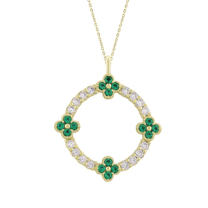 14K YELLOW GOLD 5/8CT ROUND/ROUND EMERALD GREEN DIAMOND LADIES PENDANT - Image 1