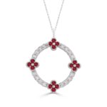 14K WHITE GOLD 5/8CT ROUND/ROUND RUBY DIAMOND LADIES PENDANT WITH CHAIN