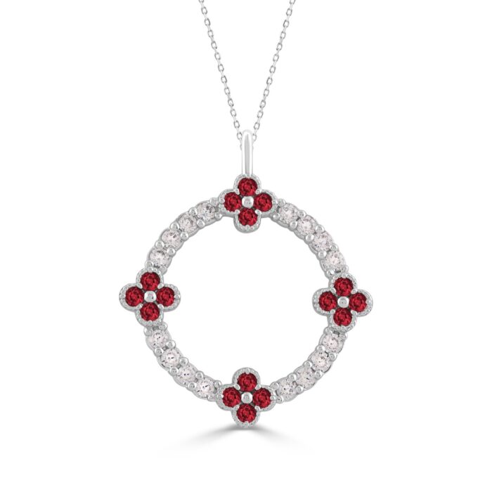 14K WHITE GOLD 5/8CT ROUND/ROUND RUBY DIAMOND LADIES PENDANT WITH CHAIN - Image 1