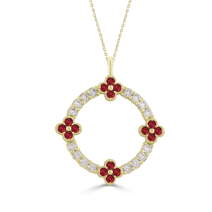 14K YELLOW GOLD 5/8CT ROUND/ROUND RUBY DIAMOND LADIES PENDANT WITH CHAIN - Image 1