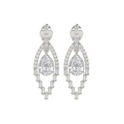14K WHITE GOLD 2.00CT ROUND/BAGUETTE/PEAR DIAMOND LADIES EARRINGS