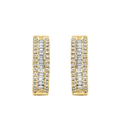 LADIES HOOP EARRINGS 0.50CT ROUND/BAGUETTE DIAMOND 14K YELLOW GOLD