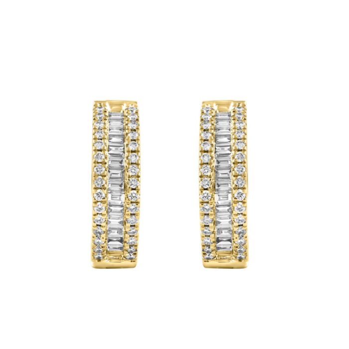 LADIES HOOP EARRINGS 0.50CT ROUND/BAGUETTE DIAMOND 14K YELLOW GOLD - Image 1