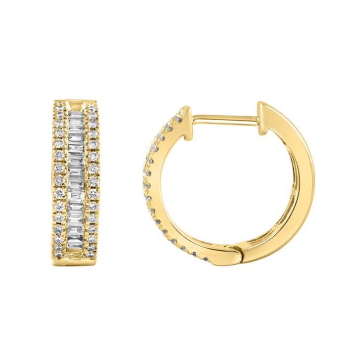LADIES HOOP EARRINGS 0.50CT ROUND/BAGUETTE DIAMOND 14K YELLOW GOLD - Image 2
