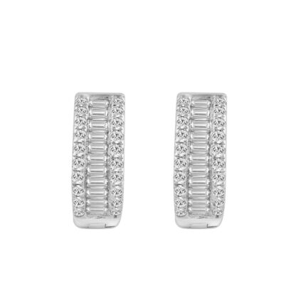 LADIES HOOP EARRINGS 0.40CT ROUND/BAGUETTE DIAMOND 14K WHITE GOLD