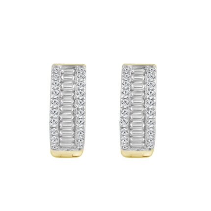 LADIES HOOP EARRINGS 0.40CT ROUND/BAGUETTE DIAMOND 14K YELLOW GOLD