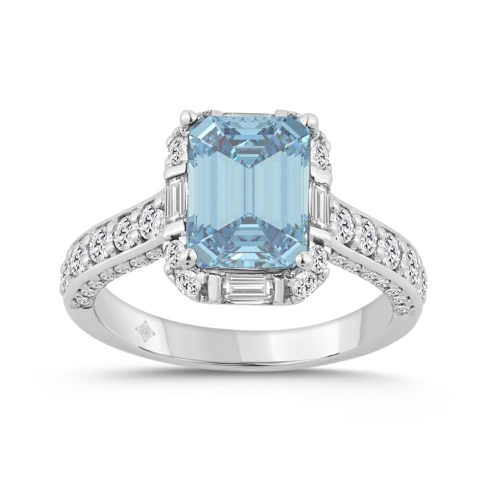 14K WHITE GOLD 4.00CT ROUND/BAGUETTE/EMERALD DIAMOND LADIES RING (CENTER STONE BLUE EMERALD DIAMOND 3CT) - Image 1