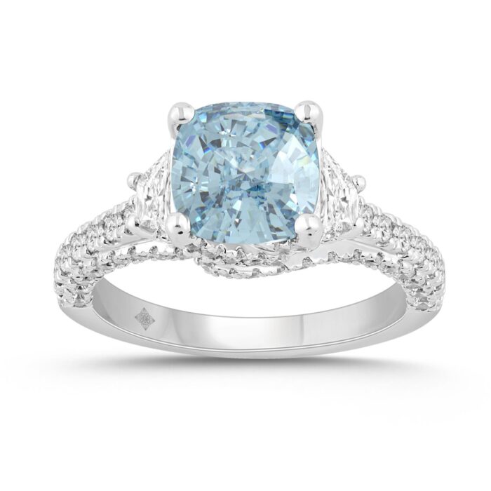 14K WHITE GOLD 4 1/4CT ROUND/CUSHION/TRAPEZOID DIAMOND LADIES RING (CENTER STONE BLUE CUSHION DIAMOND 3CT) - Image 1