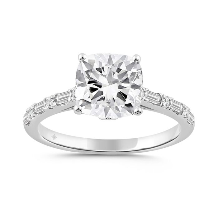 14K WHITE GOLD 2 1/4CT ROUND/BAGUETTE/CUSHION DIAMOND LADIES RING (CENTER STONE CUSHION DIAMOND 2CT) - Image 1