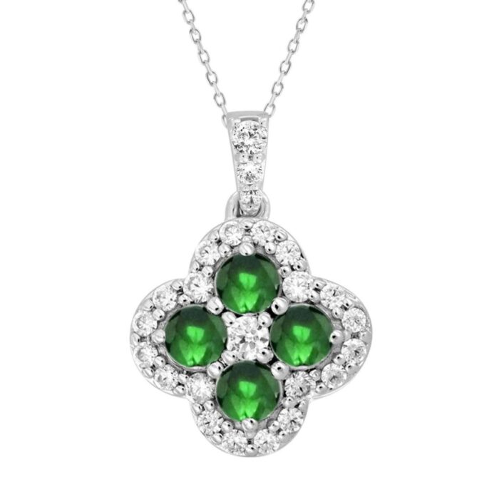 14K WHITE GOLD 1.00CT ROUND/EMERALD DIAMOND LADIES PENDANT (GREEN EMERALD  4 STONE) - Image 1