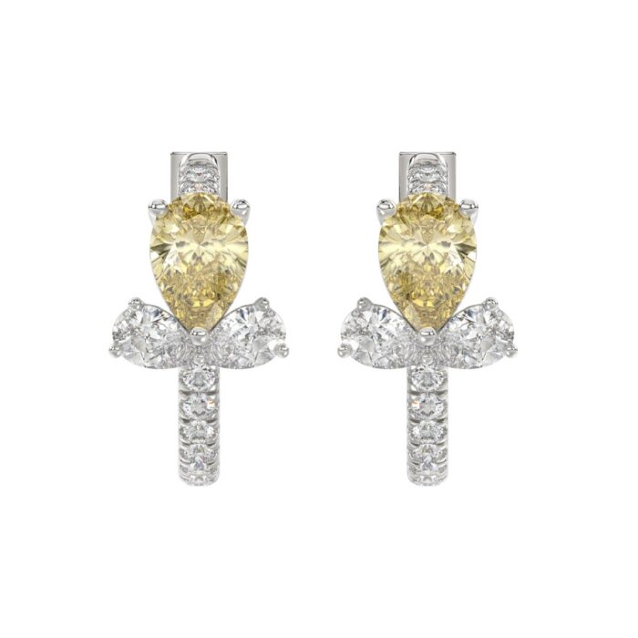 14K WHITE GOLD 3 1/4CT ROUND/YELLOW PEAR DIAMOND LADIES EARRINGS (YELLOW PEAR DIAMOND) - Image 1