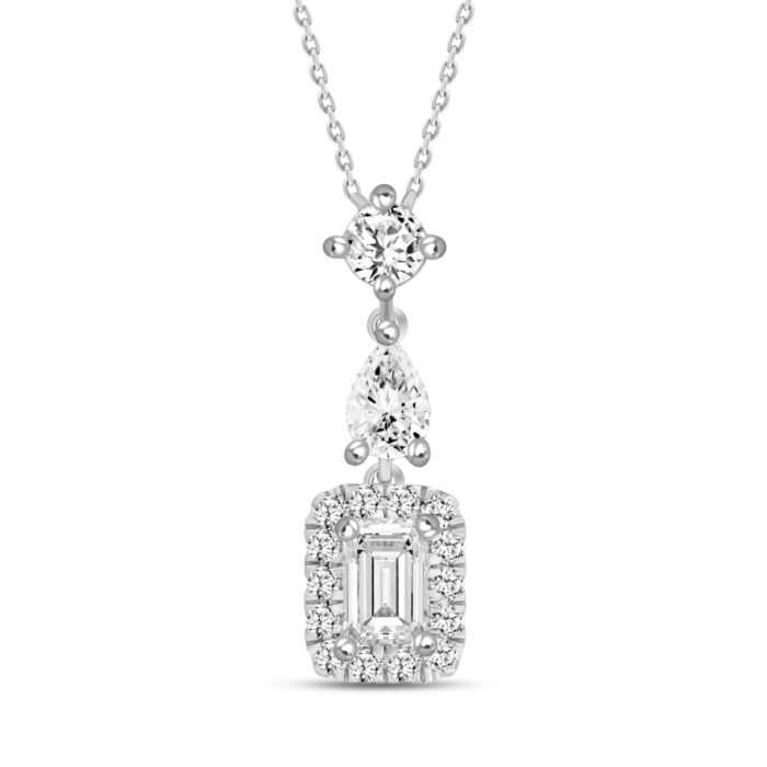 14K WHITE GOLD 1 1/2CT ROUND/EMERALD/PEAR DIAMOND LADIES NECKLACE - Image 1