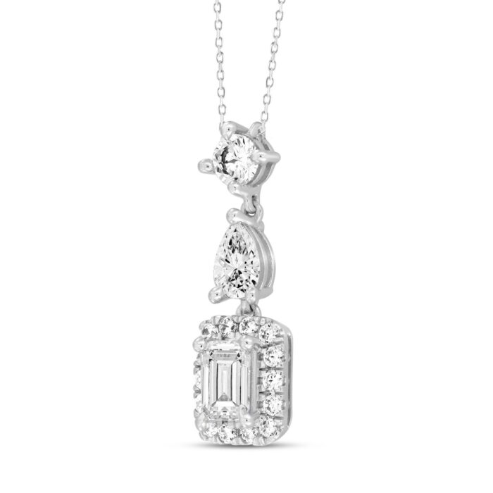 14K WHITE GOLD 1 1/2CT ROUND/EMERALD/PEAR DIAMOND LADIES NECKLACE - Image 3