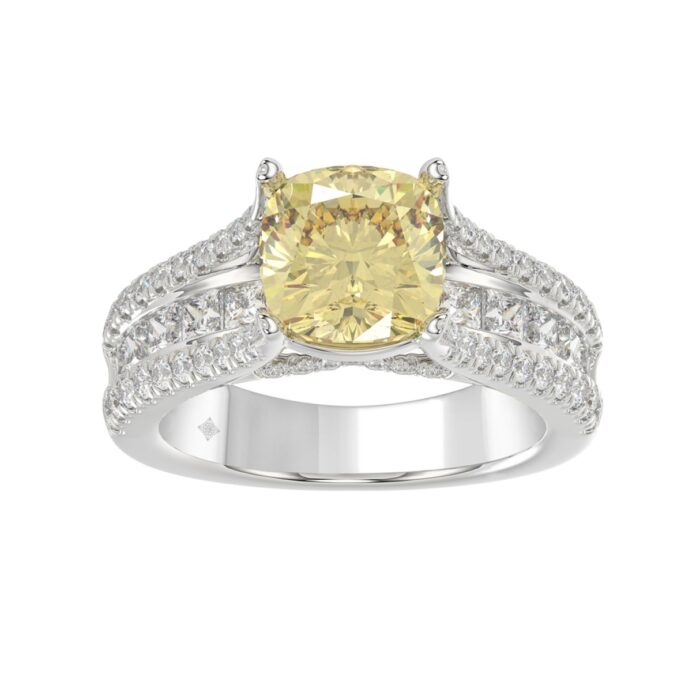 14K WHITE GOLD 4 1/2CT ROUND/PRINCESS/CUSHION DIAMOND LADIES RING (CENTER STONE YELLOW CUSHION DIAMOND 3.00CT) - Image 1
