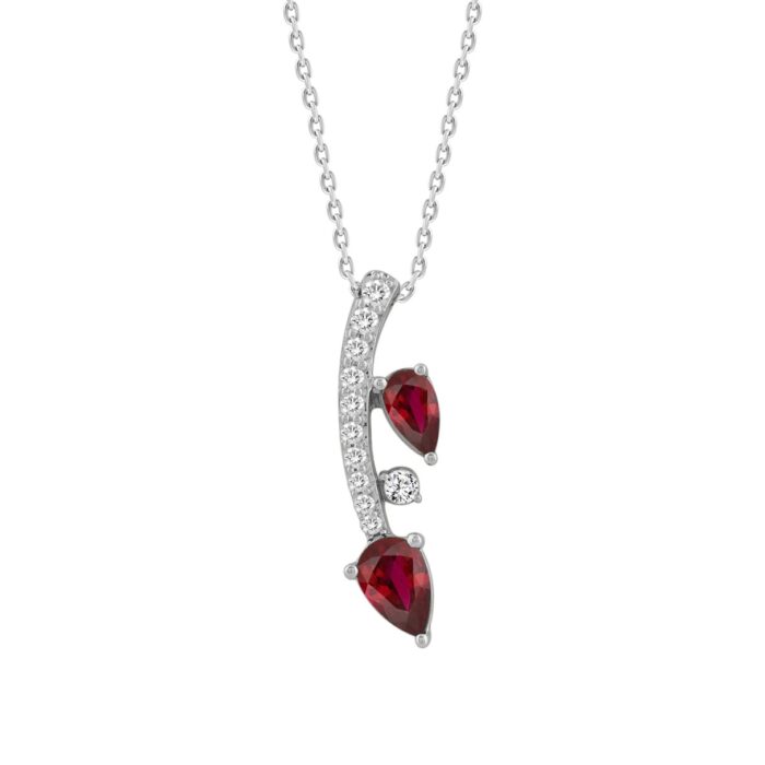 14K WHITE GOLD 7/8CT ROUND/PEAR DIAMOND LADIES PENDANT WITH CHAIN (PEAR RUBY 5/8CT) - Image 1