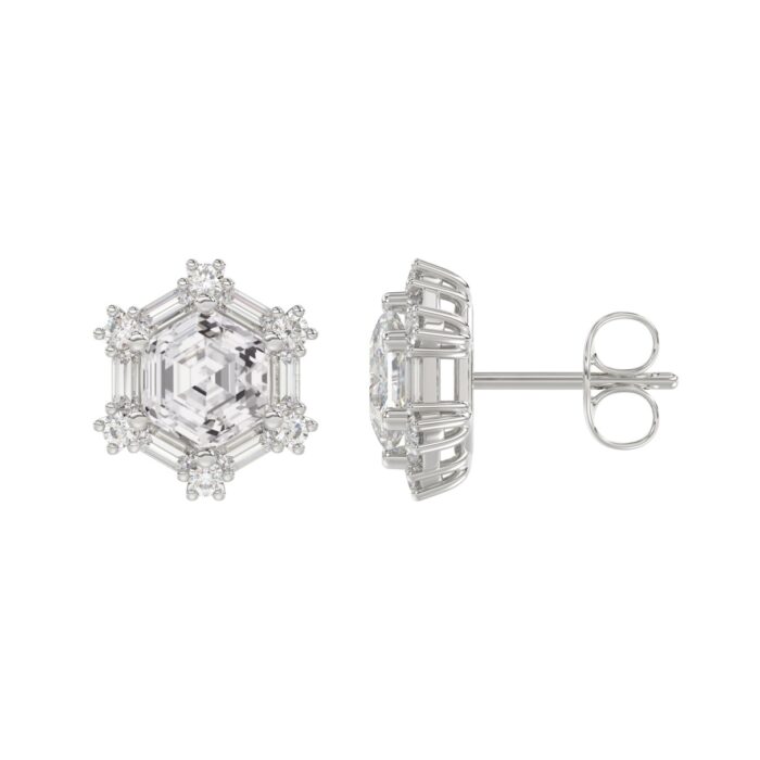 14K WHITE GOLD 1 1/4CT ROUND/BAGUETTE/HEZAGON STEP CUT DIAMOND LADIES EARRINGS - Image 2