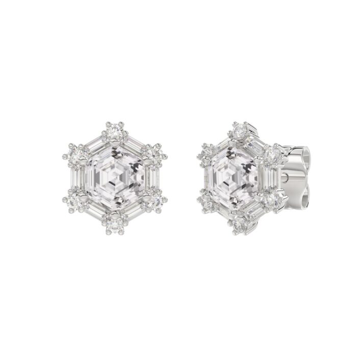 14K WHITE GOLD 1 1/4CT ROUND/BAGUETTE/HEZAGON STEP CUT DIAMOND LADIES EARRINGS - Image 3
