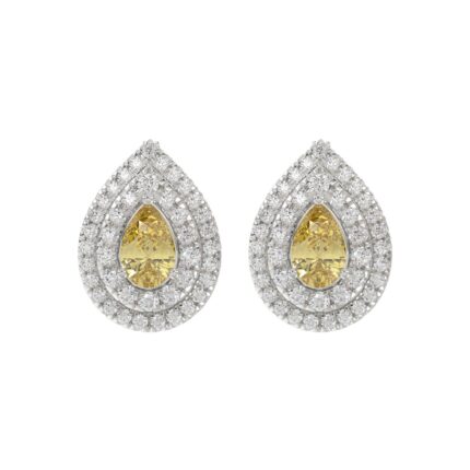 14K WHITE GOLD CRAFTED WITH 18K YELLOW GOLD BACK PLATE 3 1/4CT ROUND/YELLOW PEAR DIAMOND LADIES EARRINGS