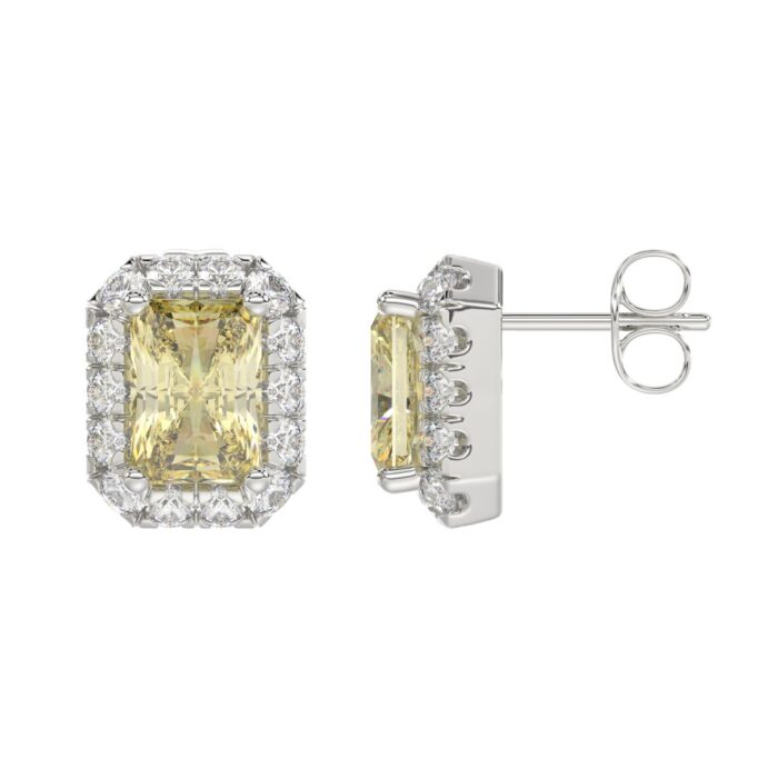 14K WHITE GOLD CRAFTED WITH 18K YELLOW GOLD BACK PLATE 1 1/4CT ROUND/YELLOW EMERALD DIAMOND LADIES EARRINGS - Image 2