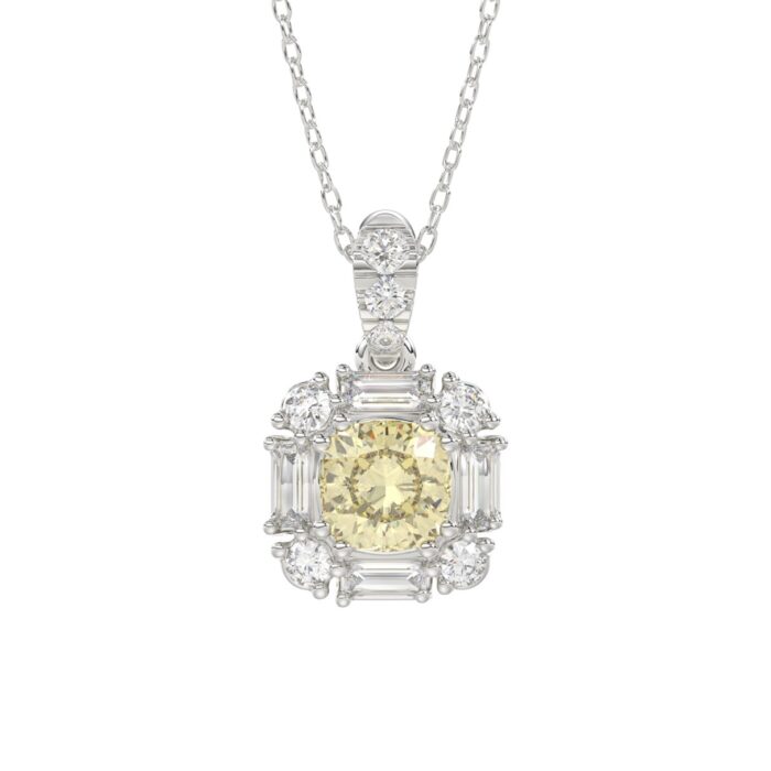 14K WHITE GOLD CRAFTED WITH 18K YELLOW GOLD BACK PLATE 1 1/3CT ROUND/BAGUETTE/YELLOW CUSHION DIAMOND LADIES PENDANT WITH CHAIN - Image 1