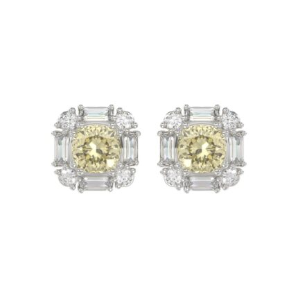 14K WHITE GOLD CRAFTED WITH 18K YELLOW GOLD BACK PLATE 1 1/3CT ROUND/BAGUETTE/YELLOW CUSHION DIAMOND LADIES EARRINGS