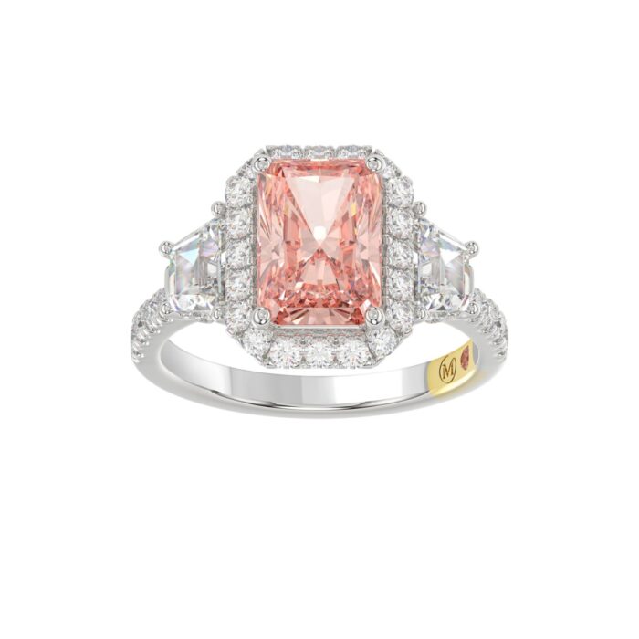 14K WHITE GOLD CRAFTED WITH 18K YELLOW GOLD SHANK 4 1/4CT ROUND/RADIANT/TRAPEZOID DIAMOND LADIES RING (CENTER STONE PINK RADIANT DIAMOND 3.00CT) - Image 1