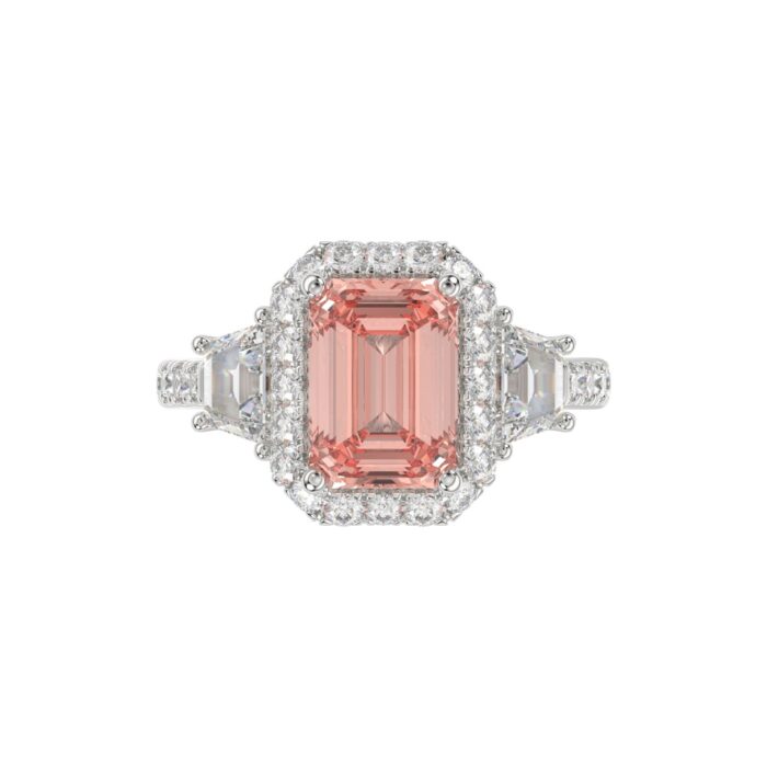 14K WHITE GOLD CRAFTED WITH 18K YELLOW GOLD SHANK 4 1/4CT ROUND/RADIANT/TRAPEZOID DIAMOND LADIES RING (CENTER STONE PINK RADIANT DIAMOND 3.00CT) - Image 5