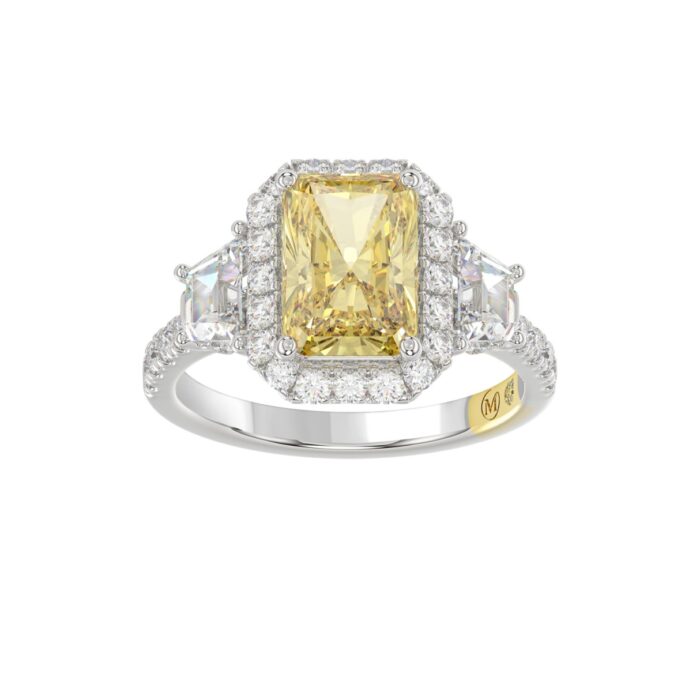 14K WHITE GOLD CRAFTED WITH 18K YELLOW GOLD SHANK 4 1/4CT ROUND/TRAPEZOID/RADIANT DIAMOND LADIES RING (CENTER STONE YELLOW RADIANT DIAMOND 3.00CT) - Image 1