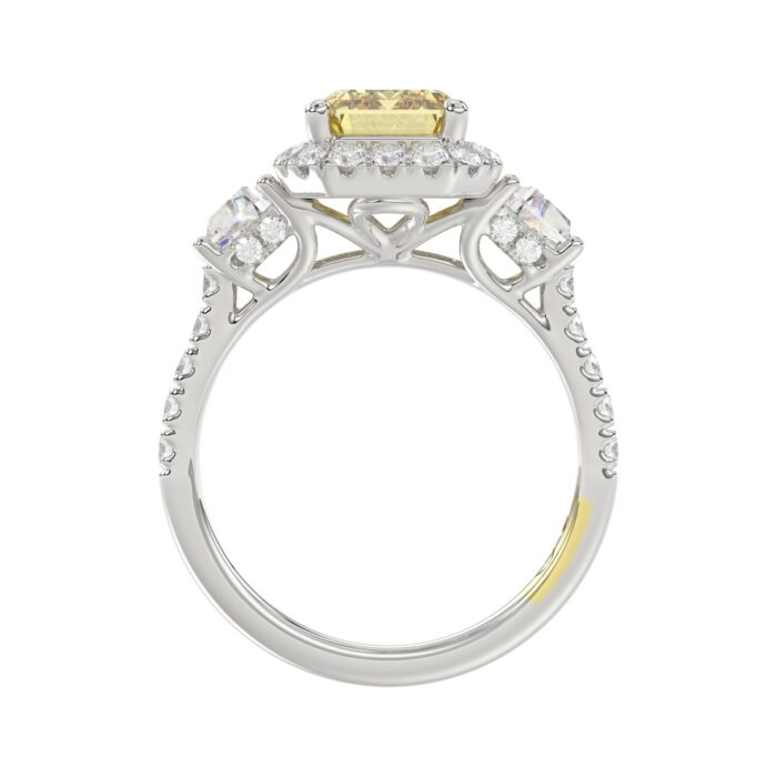 14K WHITE GOLD CRAFTED WITH 18K YELLOW GOLD SHANK 4 1/4CT ROUND/TRAPEZOID/RADIANT DIAMOND LADIES RING (CENTER STONE YELLOW RADIANT DIAMOND 3.00CT) - Image 2