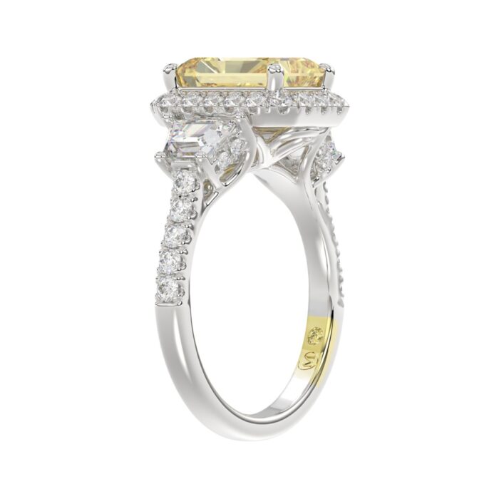 14K WHITE GOLD CRAFTED WITH 18K YELLOW GOLD SHANK 4 1/4CT ROUND/TRAPEZOID/RADIANT DIAMOND LADIES RING (CENTER STONE YELLOW RADIANT DIAMOND 3.00CT) - Image 3