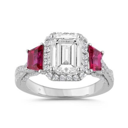 14K WHITE GOLD 3.00CT ROUND/EMERALD/RUBY TRAPEZOID DIAMOND LADIES RING (CENTER STONE EMERALD DIAMOND 2 1/2CT)