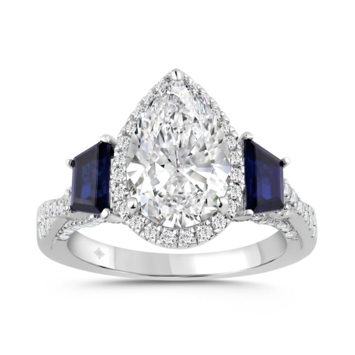 14K WHITE GOLD 3.00CT ROUND/PEAR/BLUE SAPPHIRE TRAPEZOID DIAMOND LADIES RING (CENTER STONE PEAR DIAMOND 2 1/2CT) - Image 1