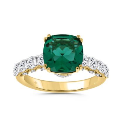 14K YELLOW GOLD 3 1/2CT ROUND/EMERALD CUSHION DIAMOND LADIES RING (CENTER STONE EMERALD CUSHION DIAMOND 2 1/2CT)