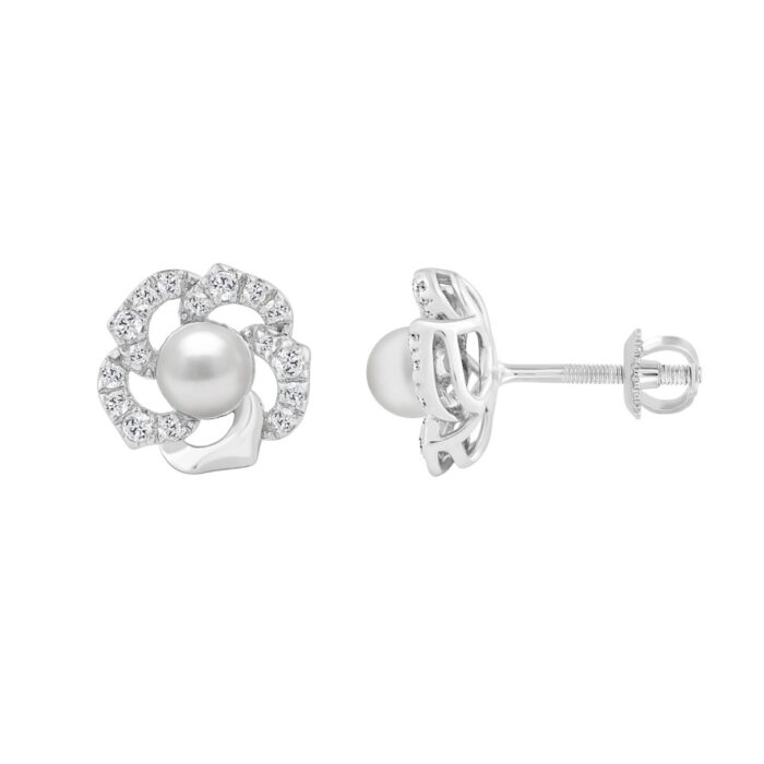 14K WHITE GOLD 1/4CT ROUND/PEARL DIAMOND LADIES EARRINGS - Image 1