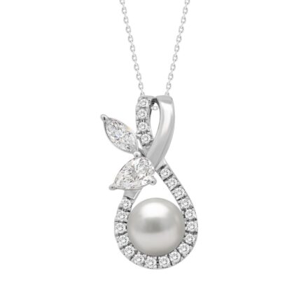 14K WHITE GOLD 1/2CT ROUND/MARQUISE/PEARL DIAMOND LADIES PENDANT WITH CHAIN
