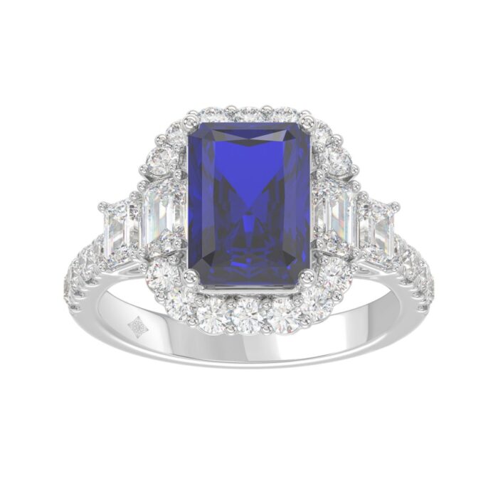 14K WHITE GOLD 4 1/2CT ROUND/EMERALD DIAMOND LADIES RING (CENTER STONE EMERALD BLUE SAPPHIRE DIAMOND 3CT) - Image 1