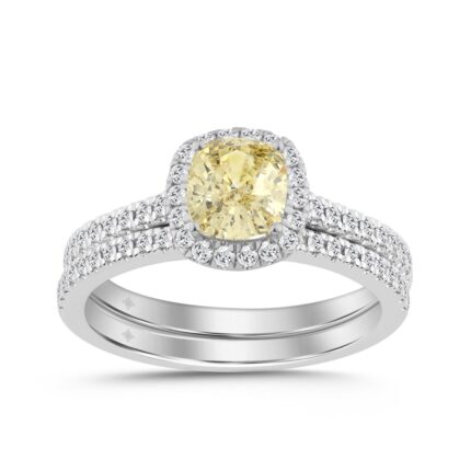 14K WHITE GOLD 1 1/2CT YELLOW CUSHION/ROUND DIAMOND LADIES BRIDAL SET (CENTER STONE YELLOW CUSHION DIAMOND 1CT)