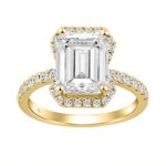 14K Yellow Gold 4 1/2CT ladies Round & Emerald-cut diamond halo engagement Ring 4.00CT Emerald  Center stone (Color F-G -Clarity VS1/VS2)