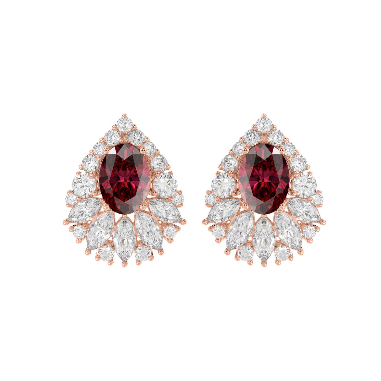 14K ROSE GOLD 4 3/4CT ROUND/MARQUISE/RUBY OVAL DIAMOND LADIES EARRING (RUBY OVAL DIAMOND 2 3/4CT) - Image 1